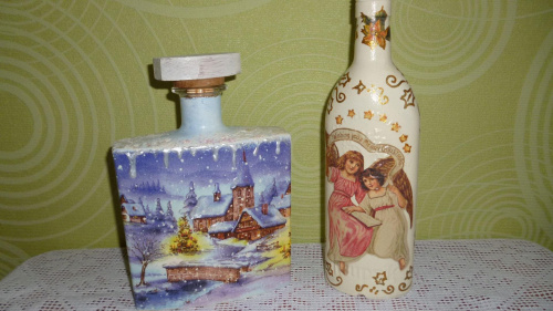 Butelki świąteczne wykonane metodą dcupage #decupage #dekupaż #ButelkiŚwiąteczne #zima #anioły