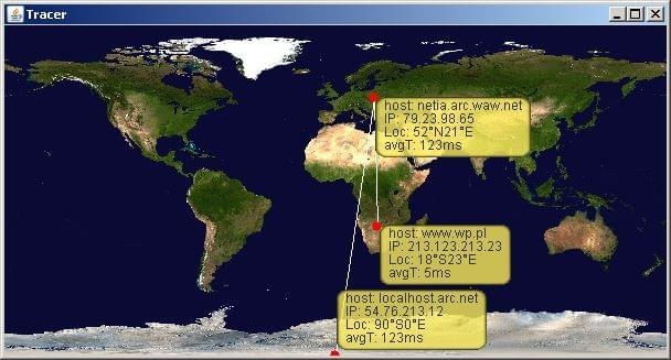 Eloar Packet Tracer w małym oknie. Włączone wszystkie hinty na fikcyjnej trasie.
Mapa pochodzi z projektu BlueMarble. Dziękujemy ślicznie NASA.